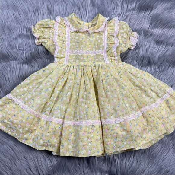 Vintage Betty Oden Toddler Girls Yellow Pink Flocked Floral Ruffle Dress